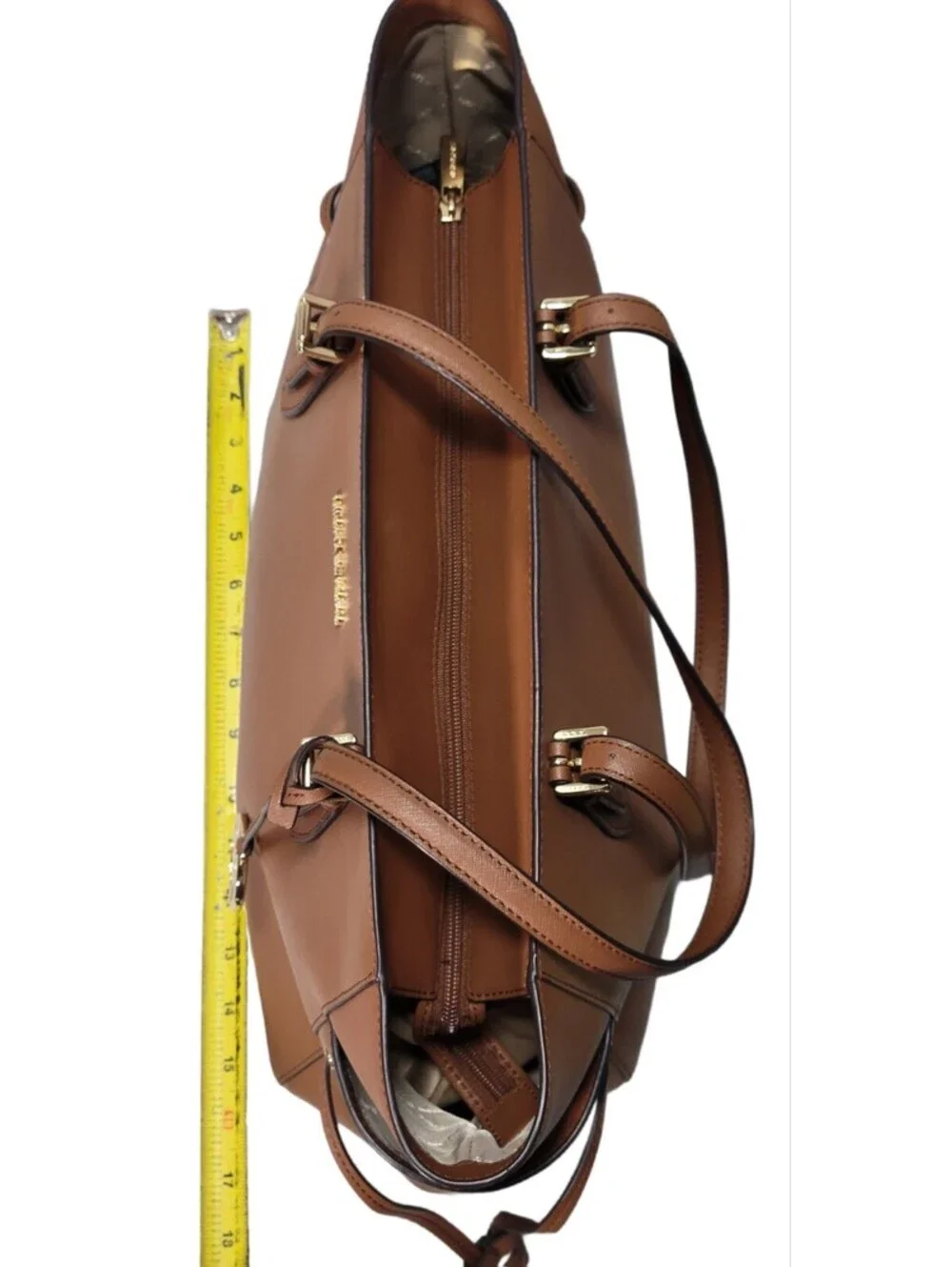 Michael Kors Brown Saffiano Medium Tote Zip Top Gold Hardware Charm Pockets